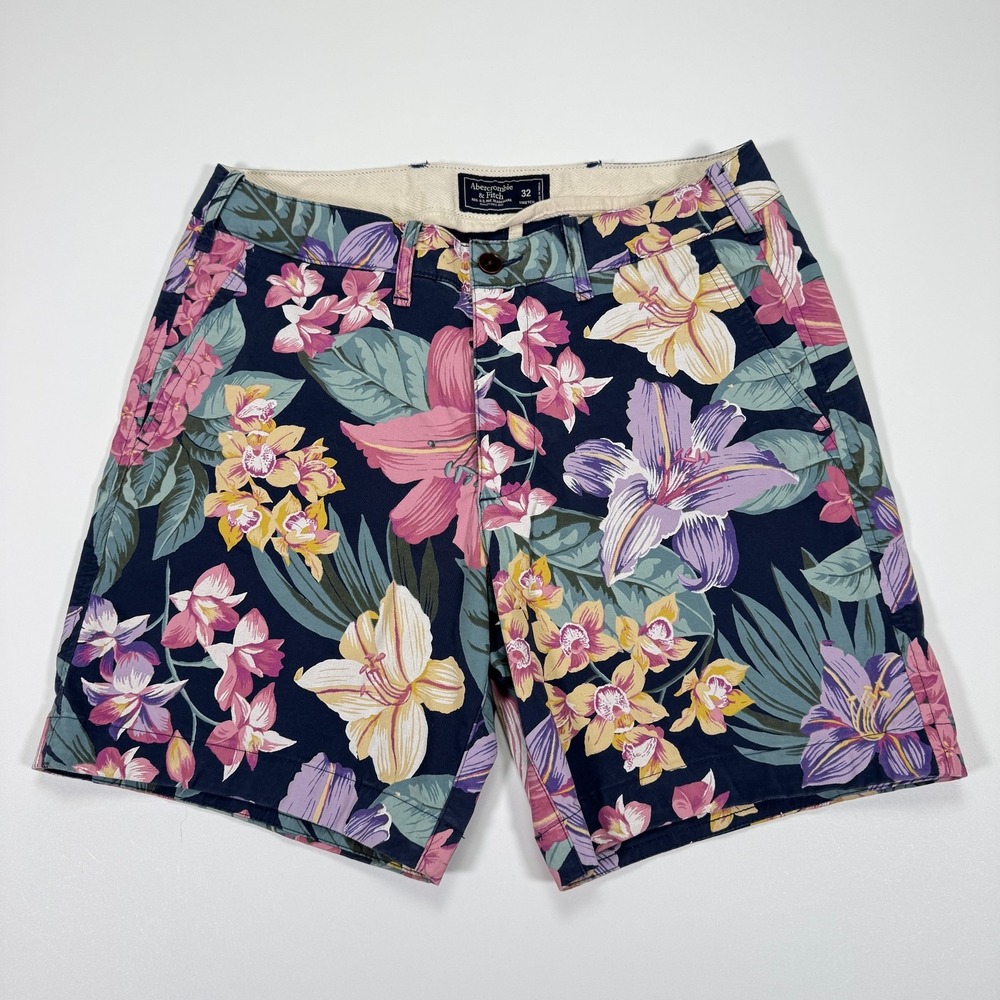 Abercrombie Fitch Shorts Mens 32 Navy Floral Tropical Stretch Chino Summer